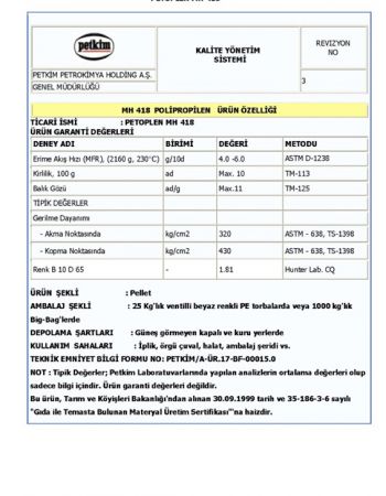 Pompa Başı ve Musluk Yapımında Kullanılan Hammaddenin Gıdaya Uygunluk Belgesi